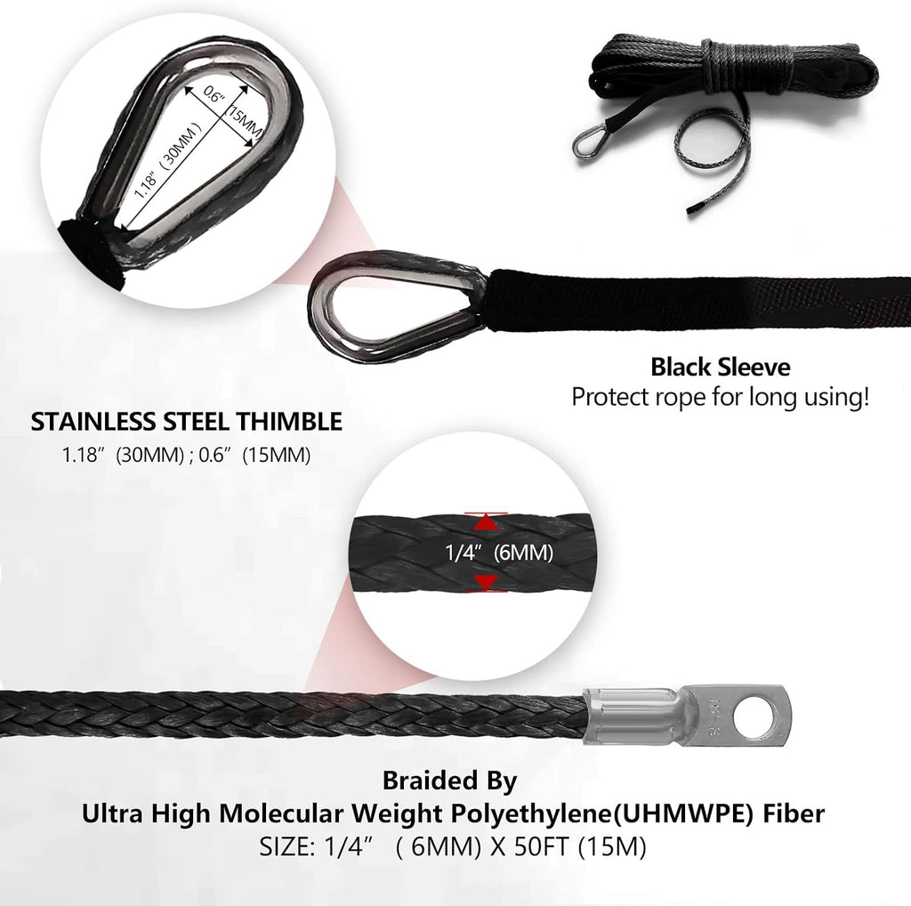 1/4" x 50 ft 10,000LBs Synthetic Winch Line Cable Rope with Black Protecing Sleeve for ATV UTV Winches Truck Boat