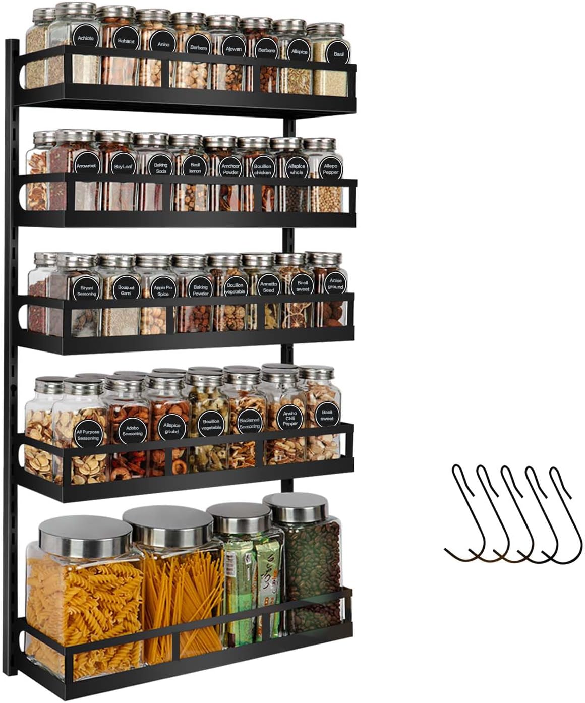 Wall Mount Spice Rack Organizer 5 Tier Height-Adjustable Hanging Spice Shelf Storage for Kitchen Pantry Cabinet
