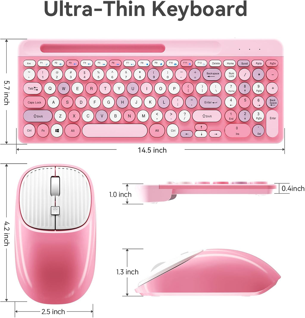 Retro Wireless Keyboard with Round Keycaps, 2.4GHz Full-Size USB Cute Wireless Keyboard Mouse for Computer, Desktop