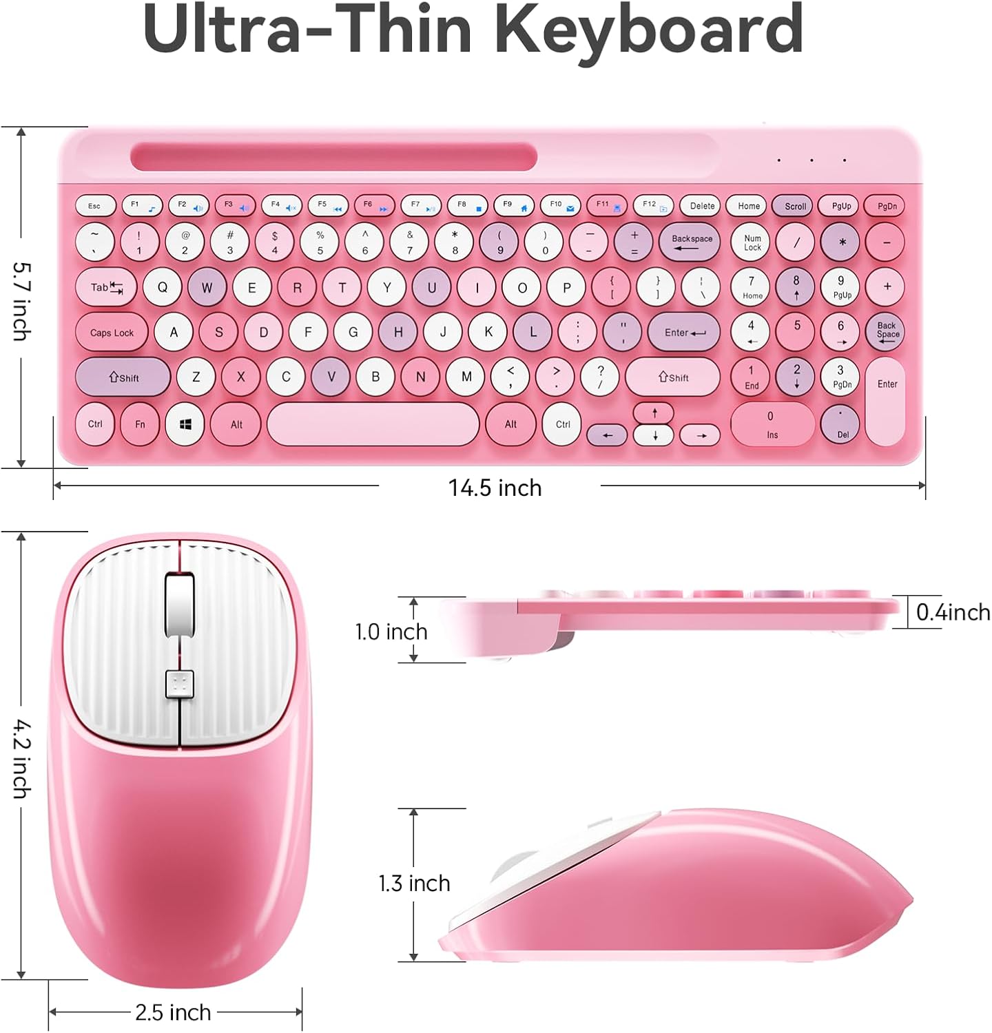 Retro Wireless Keyboard with Round Keycaps, 2.4GHz Full-Size USB Cute Wireless Keyboard Mouse for Computer, Desktop