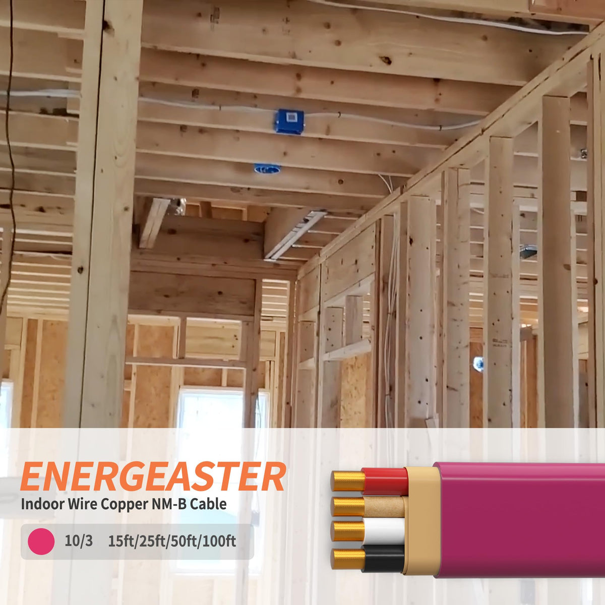 Energeaster Solid Indoor 10/3 NM-B Copper Cable with Ground 15FT, Pink