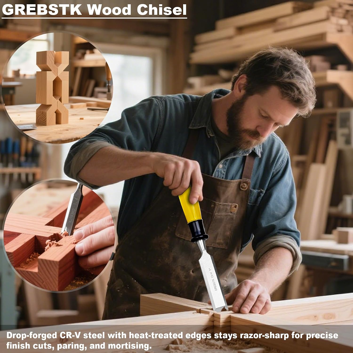 4 Piece Wood Chisel Set CR-V Steel Sharp Bevel Edge for Woodworking | Chromium Vanadium, High Hardness & Durability.