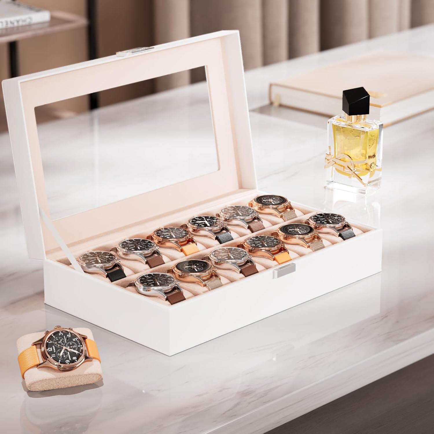 Watch Box Organizer, 12 Slot Watch Display Case, White | Watches Storage Boxes Holder for Men Women, Large Glass Lid