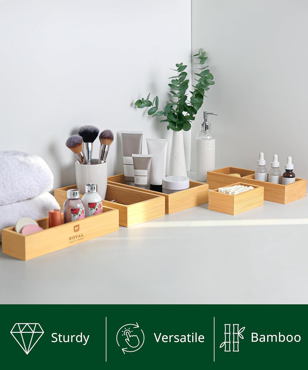 5-Piece Bamboo Drawer Organizer Set – Multi-Use Storage Trays for Kitchen, Bathroom, Office, Makeup, Jewelry & More –