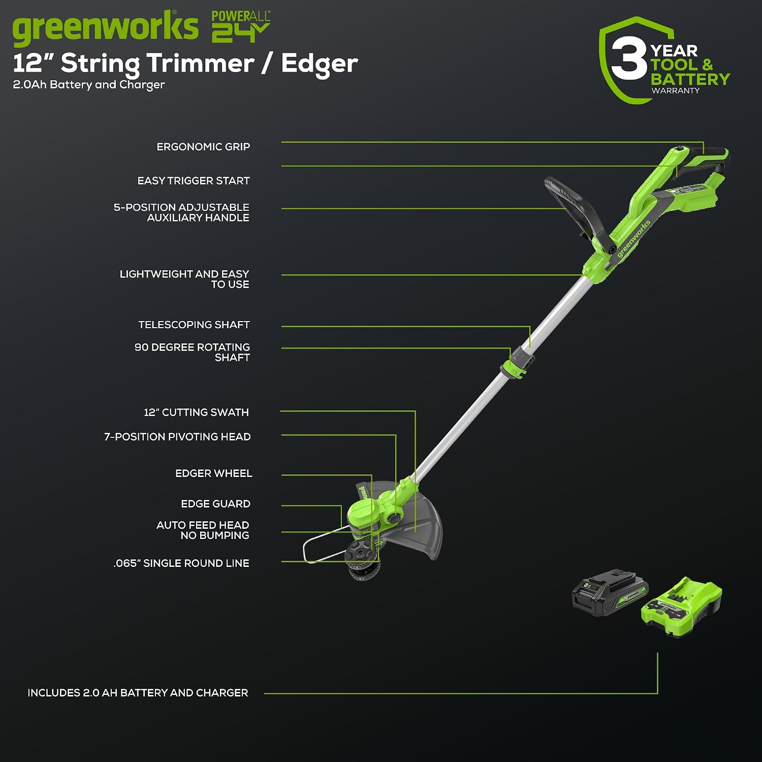24V 12 in Cordless String Trimmer, 2.0 Ah Battery and Charger