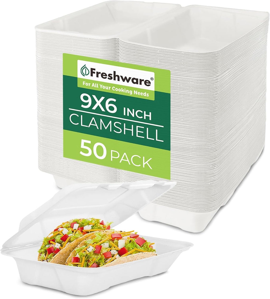 Compostable Clamshell Food Containers [9x6" 50-Pack] Disposable To Go Containers, Biodegradable Sugarcane To Go Boxes