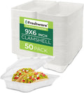 Compostable Clamshell Food Containers [9x6" 50-Pack] Disposable To Go Containers, Biodegradable Sugarcane To Go Boxes