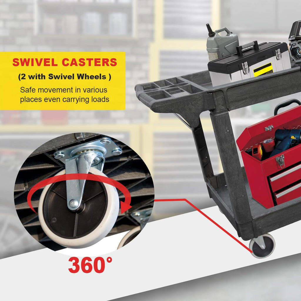 Utility Service Cart, 2-Shelf 500LBS Heavy Duty Plastic Rolling Utility Cart with 360° Swivel Wheels, Lipped Shelves