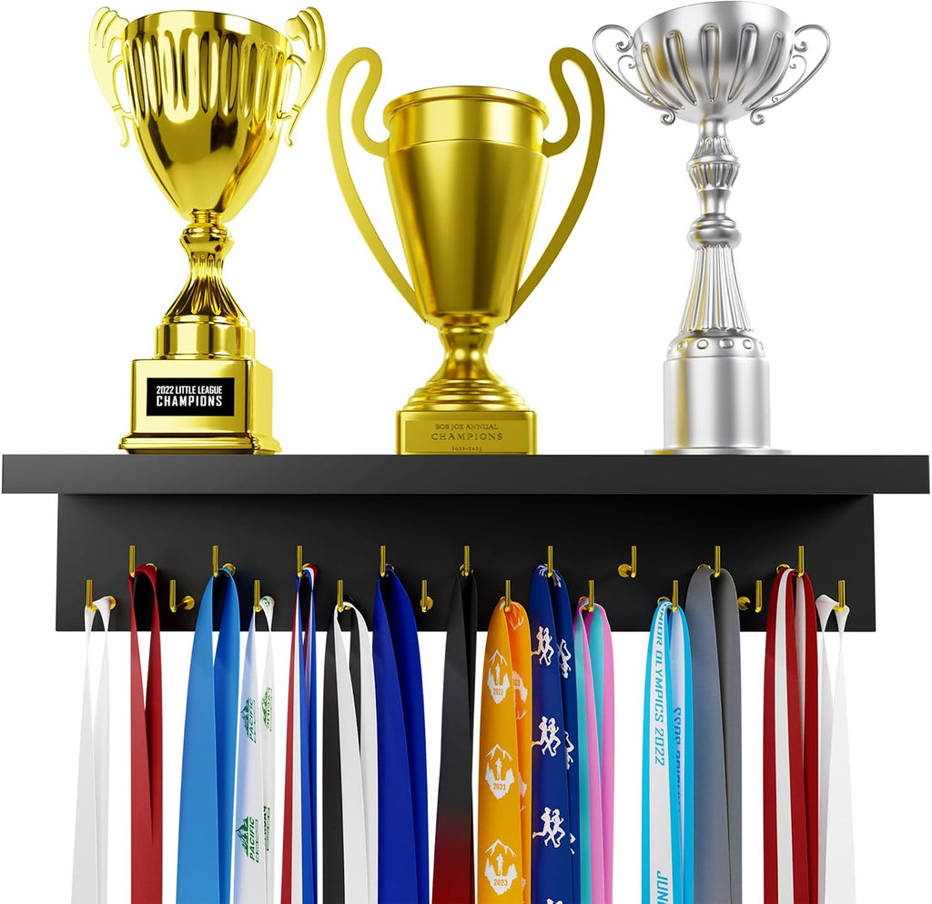 Medal Hanger Display and Trophy Shelf with Hooks - Wooden Medal Holder for Wall Mount Ribbon Display, Trophy Display
