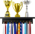 Medal Hanger Display and Trophy Shelf with Hooks - Wooden Medal Holder for Wall Mount Ribbon Display, Trophy Display