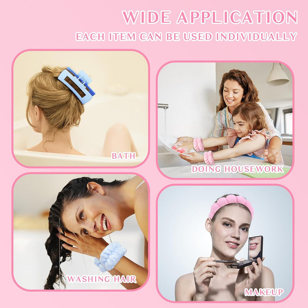 Pink Blue Spa Headband And Wristband Set Skincare Headband For Washing Face Hair Claw Clips For Thick Hair Cute Puffy