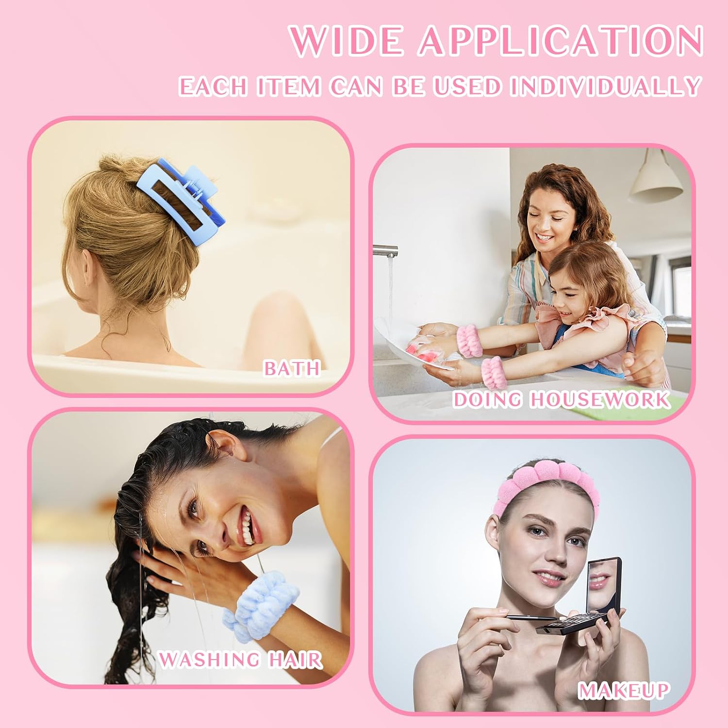 Pink Blue Spa Headband And Wristband Set Skincare Headband For Washing Face Hair Claw Clips For Thick Hair Cute Puffy