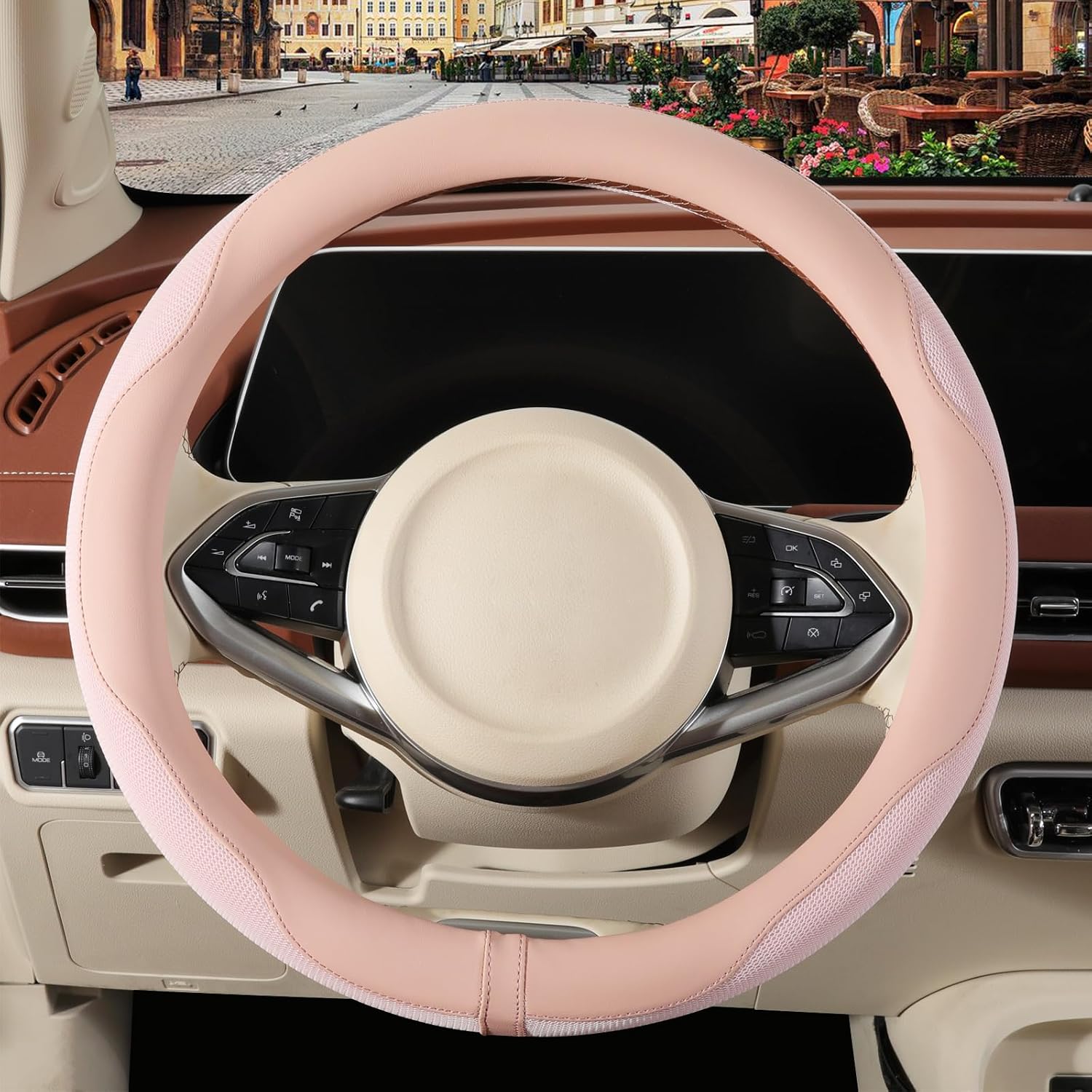Nappa Leather Pink Steering Wheel Cover, Advanced Microfiber Leather Non-Slip Breathable Fabric, Warm in Winter and