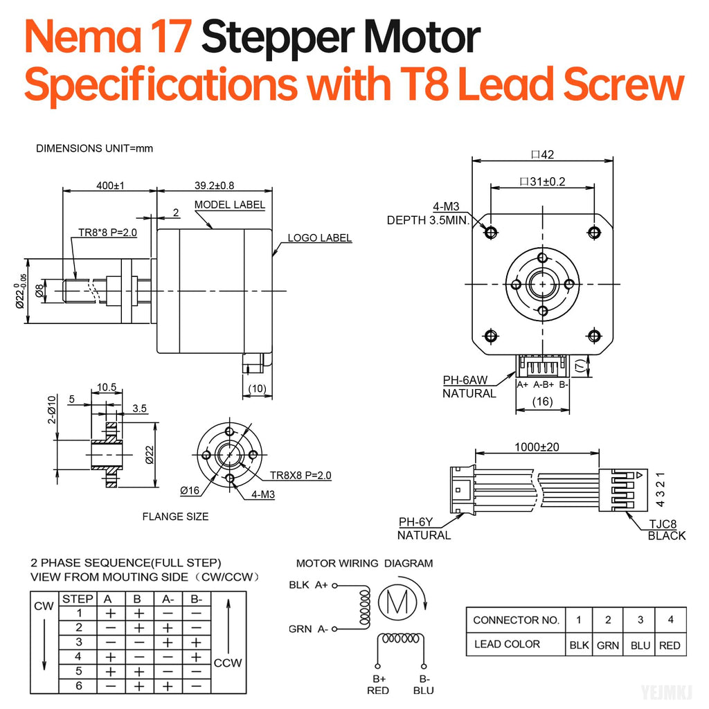 YEJMKJ Nema 17 Stepper Motor TR8x8 400mm with T8 Lead Screw 42x40mm 0.44Nm