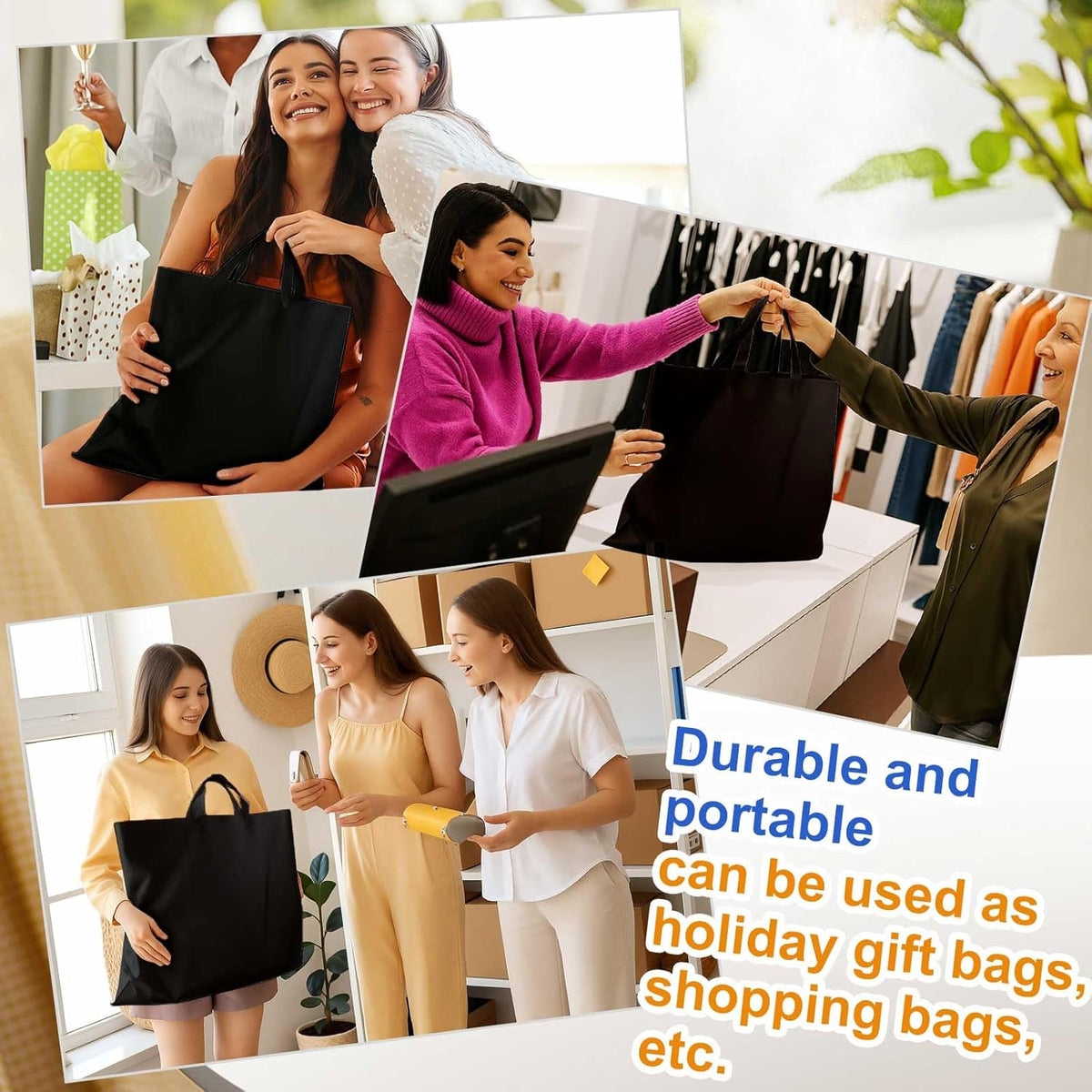 100 Pack 20" x 20" Large Black Plastic Shopping Bags with Handles