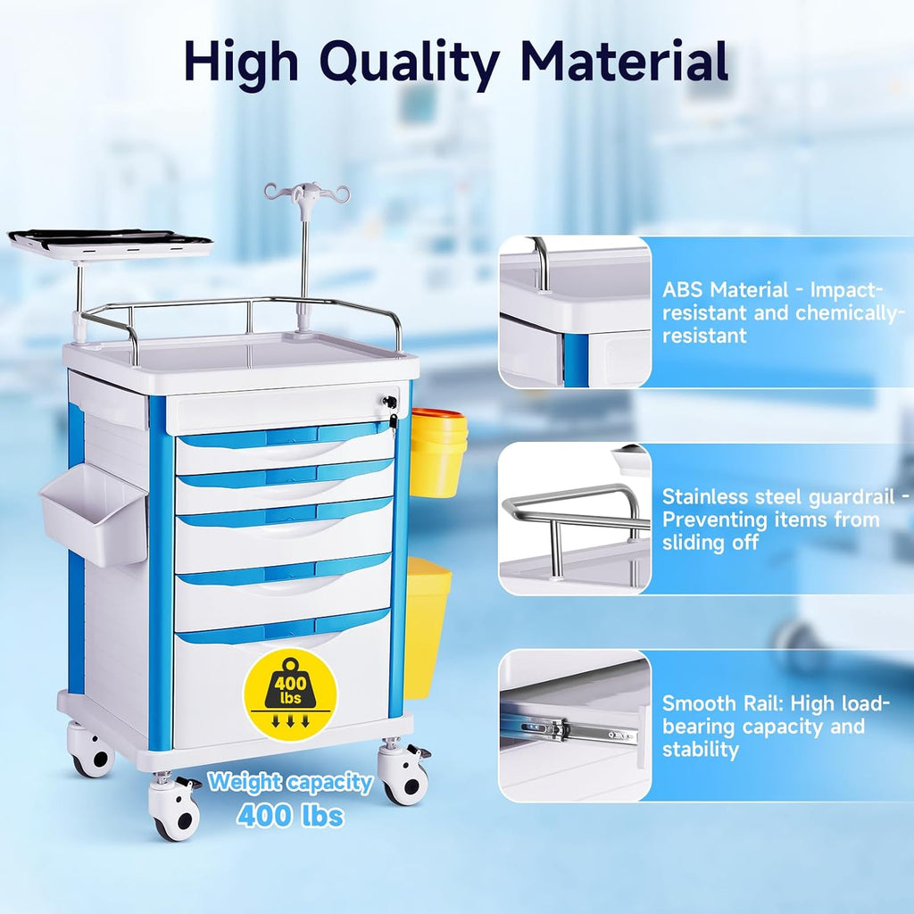 Medical Carts with Wheels, 5-Tier Drawers, Adjustable IV Pole, Silent Casters, Trash Bins, O2 Holder, Needle Disposal