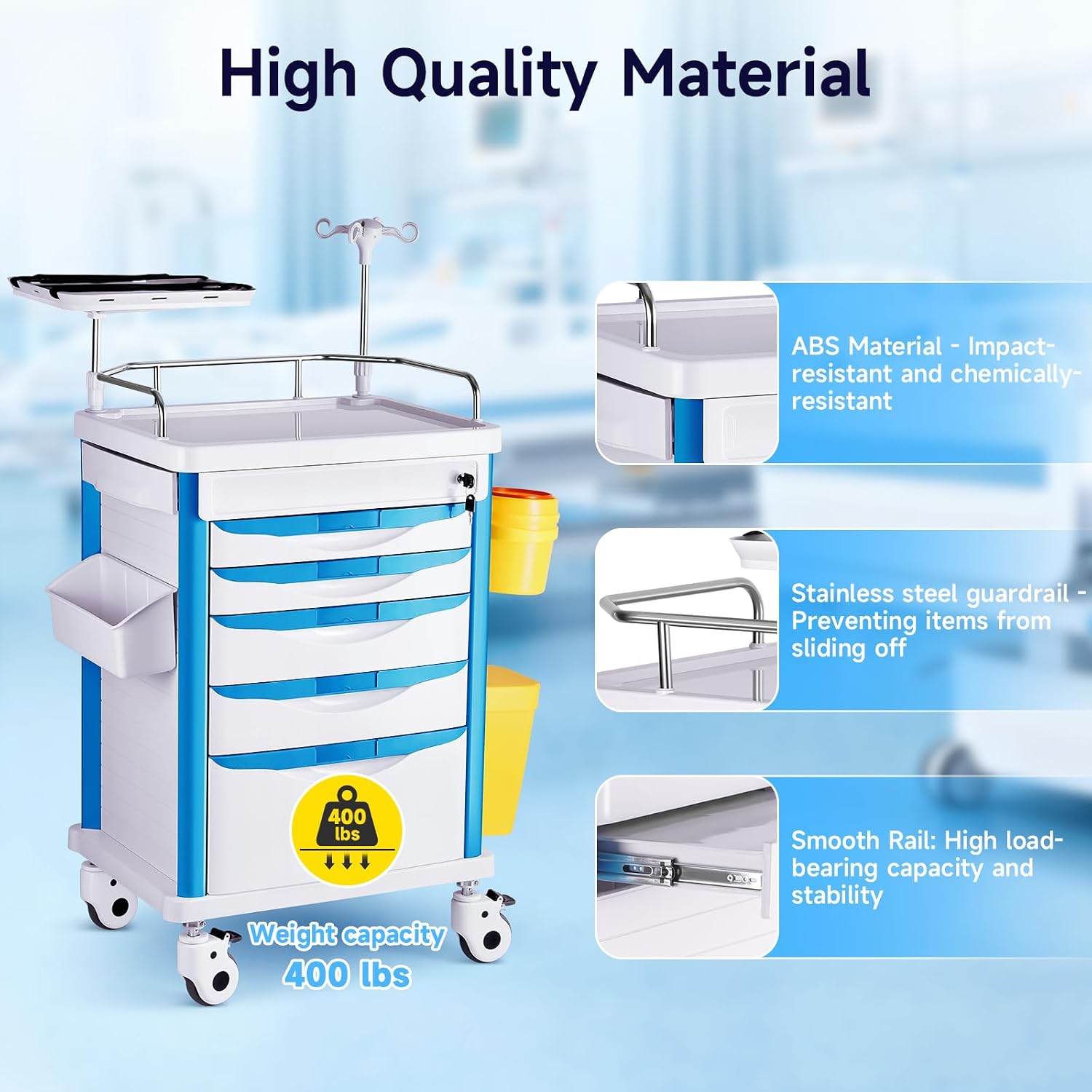 Medical Carts with Wheels, 5-Tier Drawers, Adjustable IV Pole, Silent Casters, Trash Bins, O2 Holder, Needle Disposal
