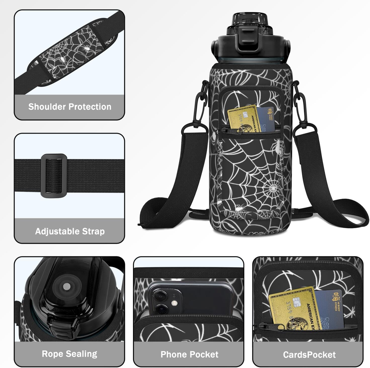Halloween Spider Web Half Gallon Water Bottle with Sleeve, 64 OZ | Flip Top & Bpa Free Water Jug, Time Marker
