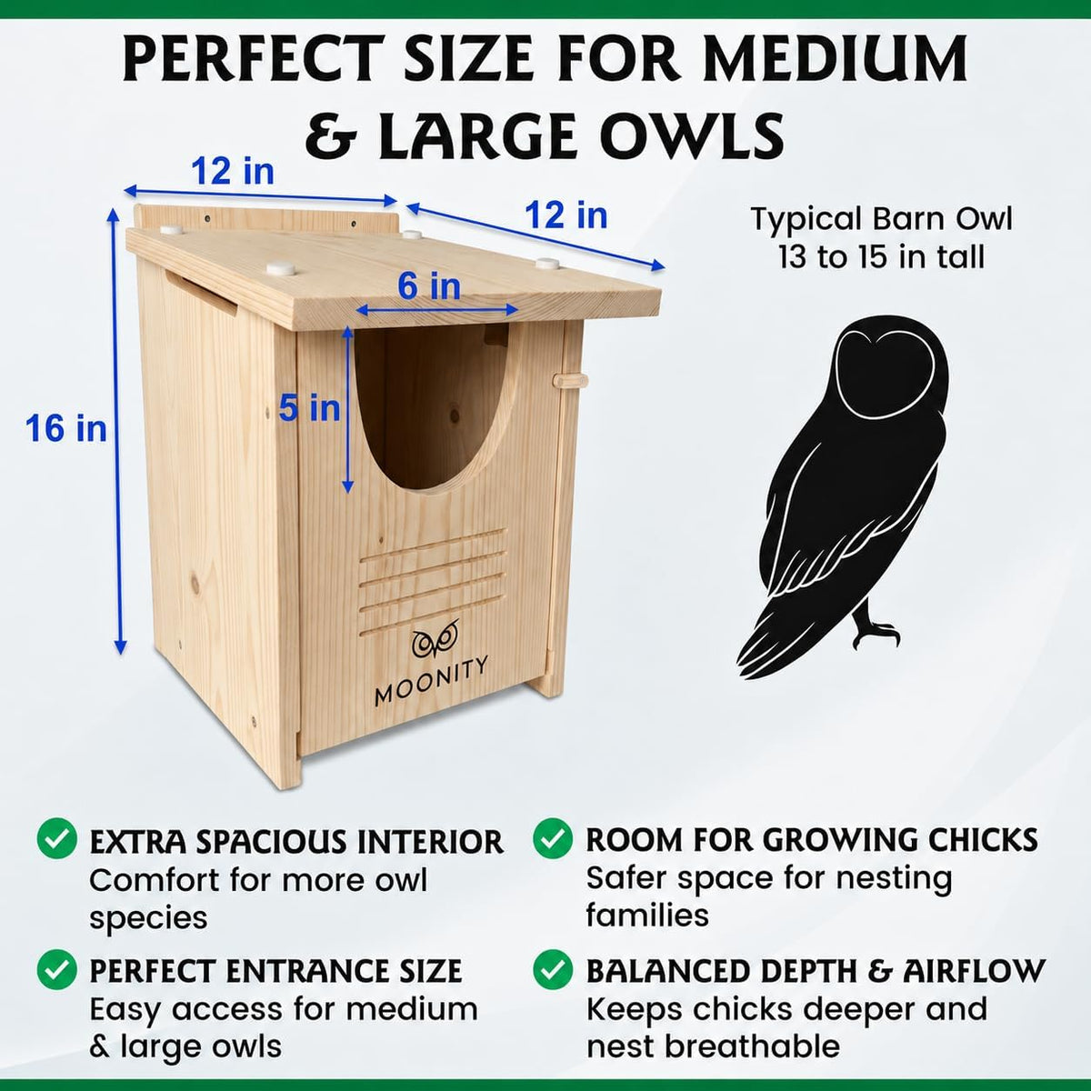 Large Premium Cedar Owl House – 16" x 12" x 12" Weatherproof Nesting Box for Barn & Screech – Durable, Safe & Easy to