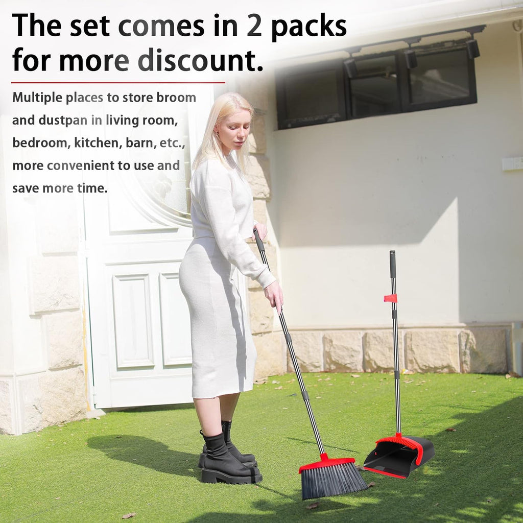 2-Pack is More economical,Brooms with Dustpan Combo Set， with 52" Long Handle, Dustpan Teeth with self-Cleaning