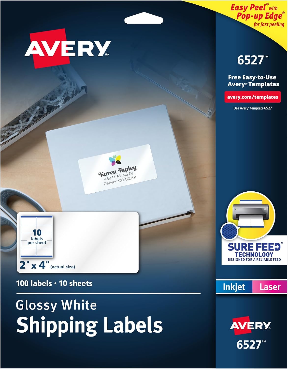 Shipping Labels, Sure Feed and Easy Peel Technology, Glossy White Labels, 2" x 4", Permanent Adhesive, Laser/Inkjet