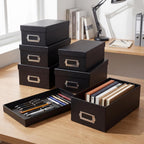9 Pcs Kraft Storage Boxes Rectangle Stacking Boxes with Lids and Cardboard Organizers with Gold Label Holders for