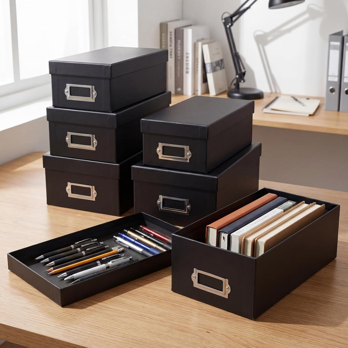 9 Pcs Kraft Storage Boxes Rectangle Stacking Boxes with Lids and Cardboard Organizers with Gold Label Holders for