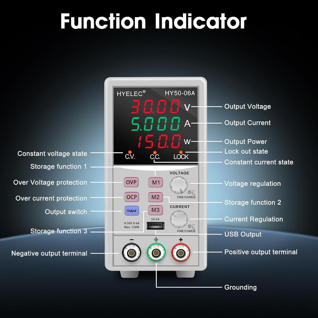 Variable DC Power Supply,0-50V 0-6A max150W Switching Regulated Bench Power Supply with Memory, 4-Digit LED Display, 5V2A USB Interface, Output Switch, Coarse and Fine Adjustments