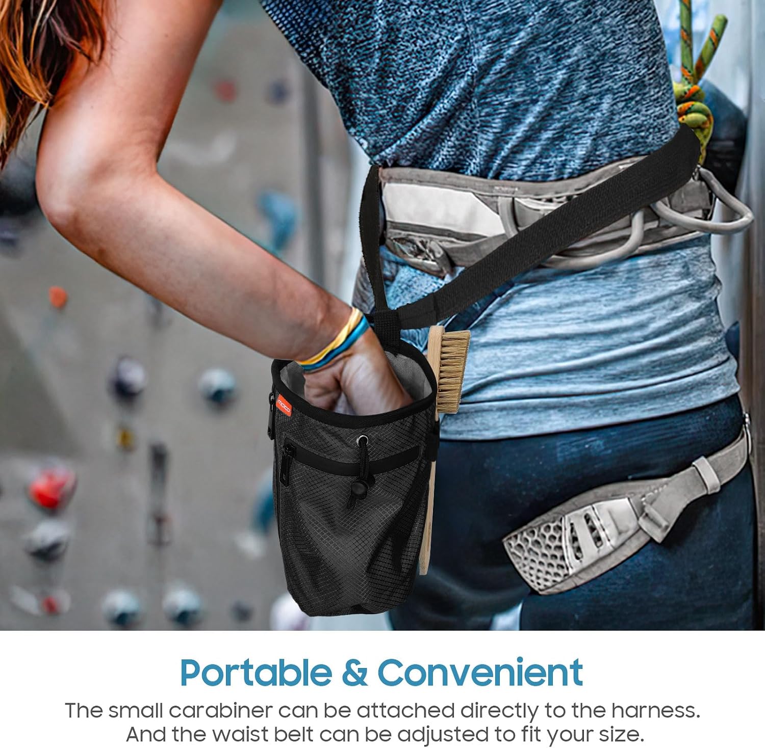 Rock Climbing Chalk Bag, Bouldering Chalk Pot Bucket with Adjustable Belt & Carabiner Drawstring Climbing Gear for