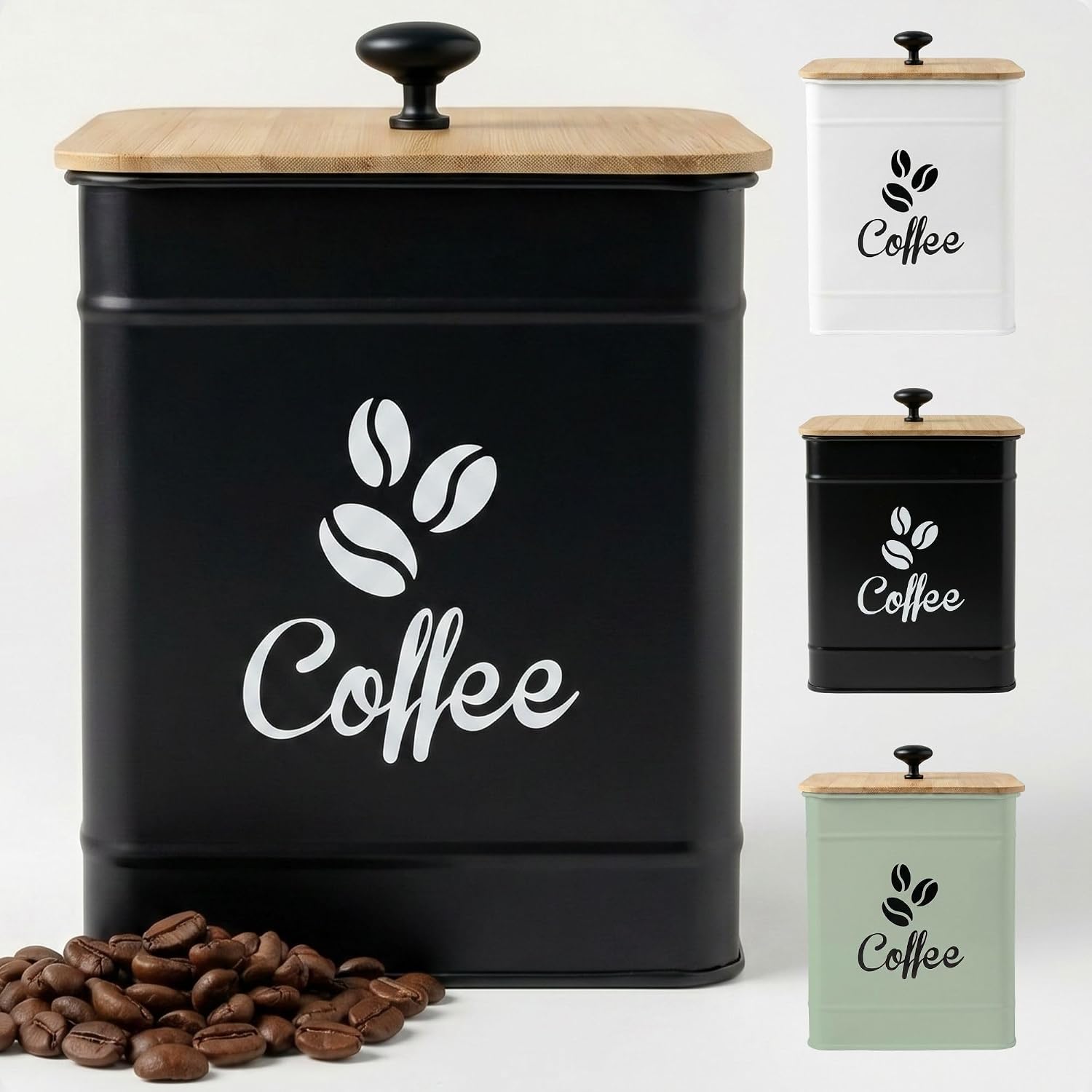 Airtight Coffee Canister 40 oz, 6"x 8" Metal Jar w/ Rubber-Lined Bamboo Lid | 40oz Large Iron, Airtight Coffee
