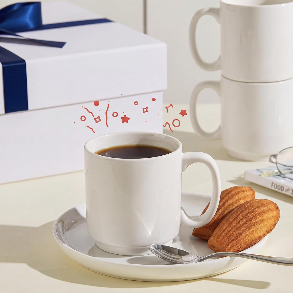 10 Oz Stackable White Coffee Mug, Porcelain Coffee Mugs Sets of 6, Coffee Cups with Handle for Specialty Coffee