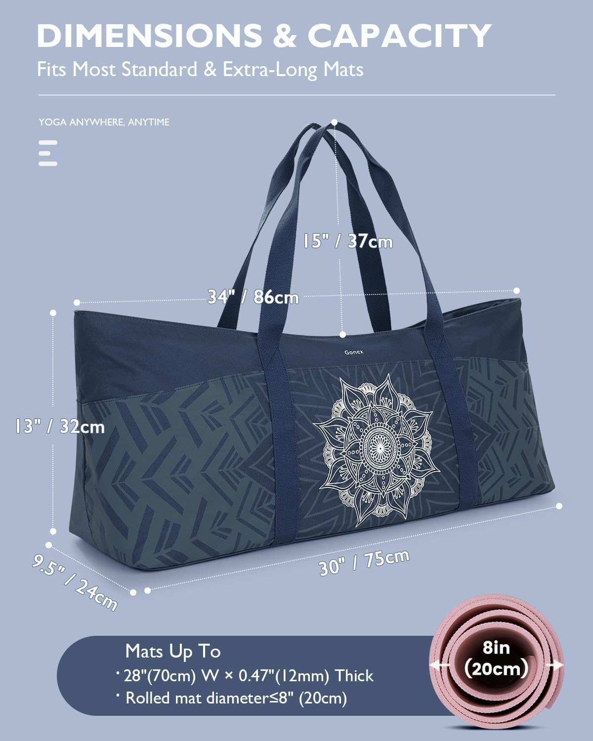 Yoga Mat Bag, Extra Canvas Gym Bag with Waterproof Pocket Metal Zipper, Fits Mat & Blocks, Stylish Yoga Mat Carrier