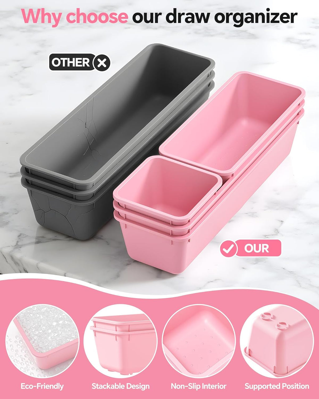 13 Pack Plastic Drawer Organizers Set, 3 Sizes Desk Drawer Organizer Trays for Vanity and Makeup Organizer