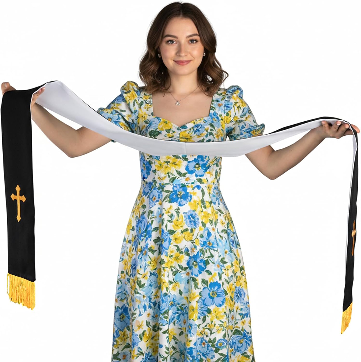 1 Pack Wedding Reversible Stole with Tassels, 75 Inch Clergy Mass Stoles with Cross, White Embroidered Priest Sash