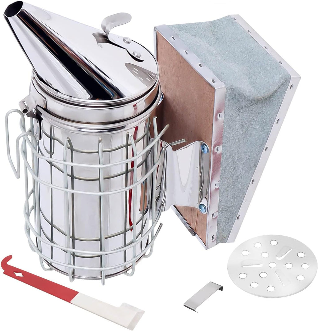 Bee Hive Smoker Kit, Stainless Steel Beekeeper Tool with Heat Shield | Includes 2 Types of Hive Tools for Beekeeping