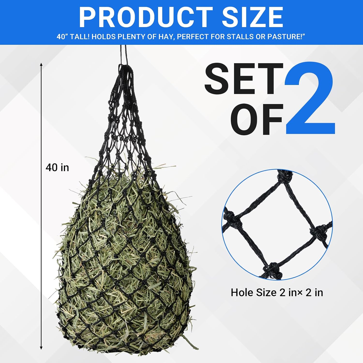 2-Pack Heavy Duty Hay Bags, Slow Feeder for Horses & Goats with 2-Inch Holes, Adjustable Drawstring Hay Net to Reduce