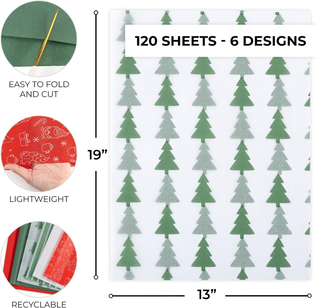 Beautiful Christmas Tissue Wrapping Paper Sheets for Gift Bags - Set of 120 Quality Tissue Papers with 6 Festive