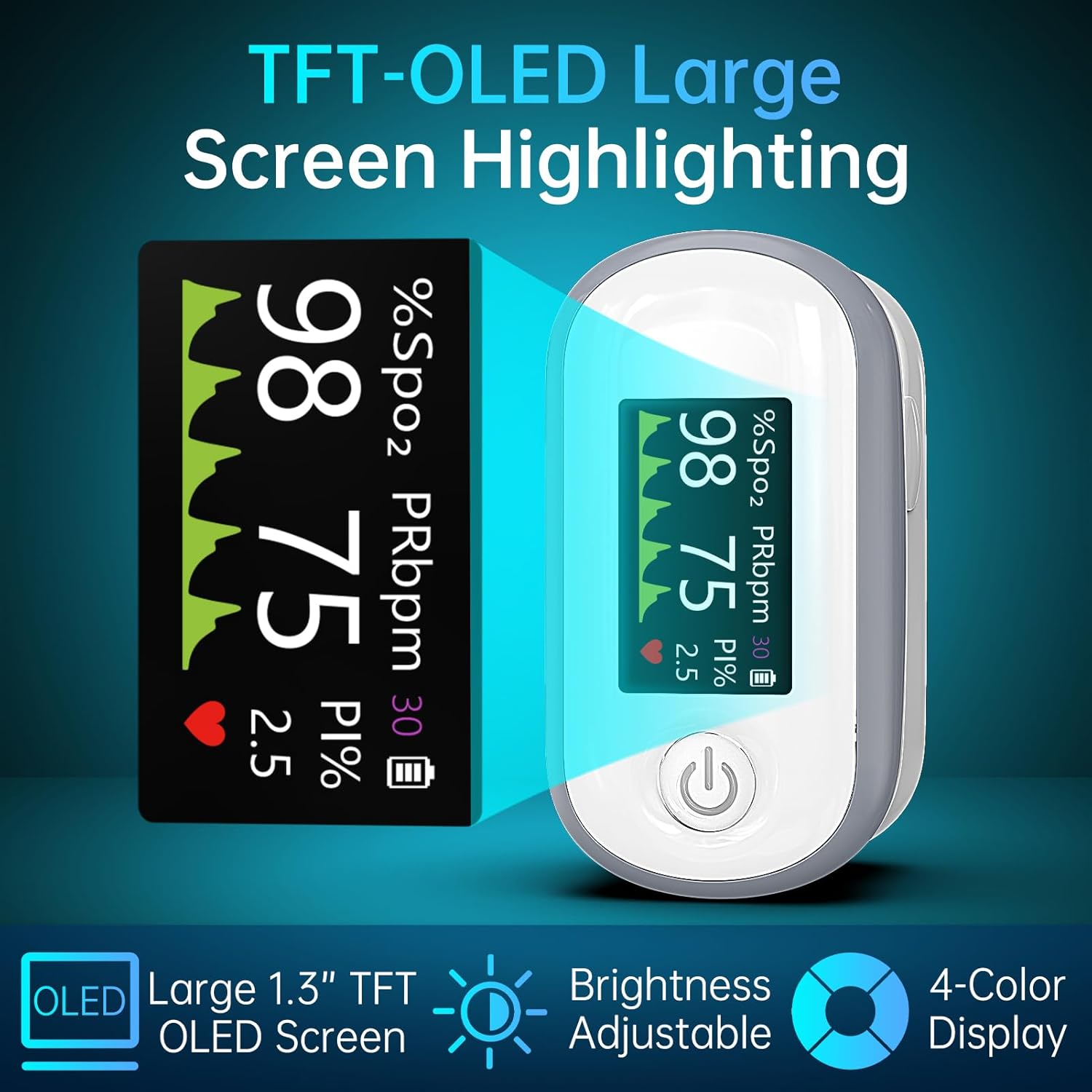 Pulse Oximeter, 4 Color OLED Display Oxygen Monitor Fingertip with 20 × Memory, Blood Oxygen Saturation Monitor