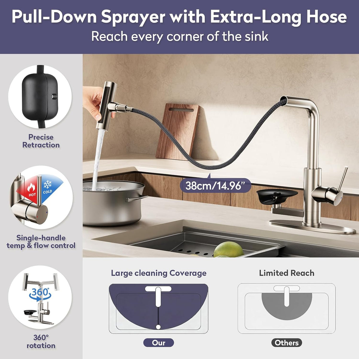 Brushed Nickel Kitchen Faucet with Pull Down Sprayer & Cup Washer