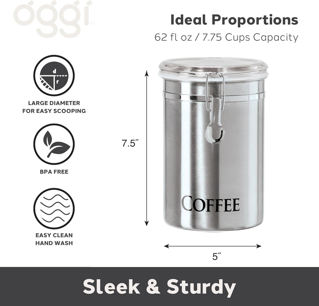 Stainless Steel Coffee Canister 62 fl oz - Airtight Clamp Lid, Clear See-Thru Top - Ideal for Coffee Bean Storage