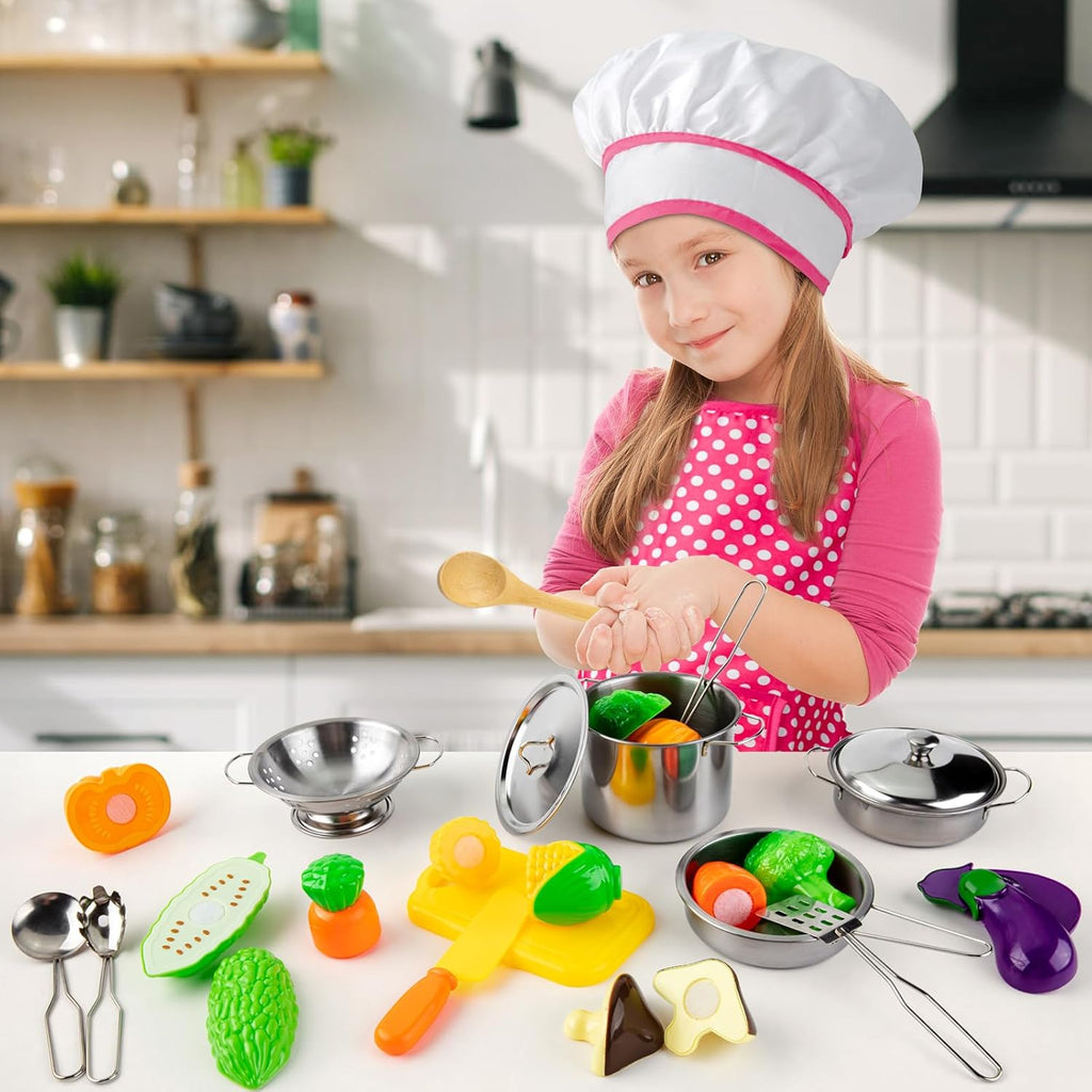 Kitchen Pretend Play Toys with Stainless Steel Cookware Pots and Pans Set, Cooking Utensils, Apron & Chef Hat