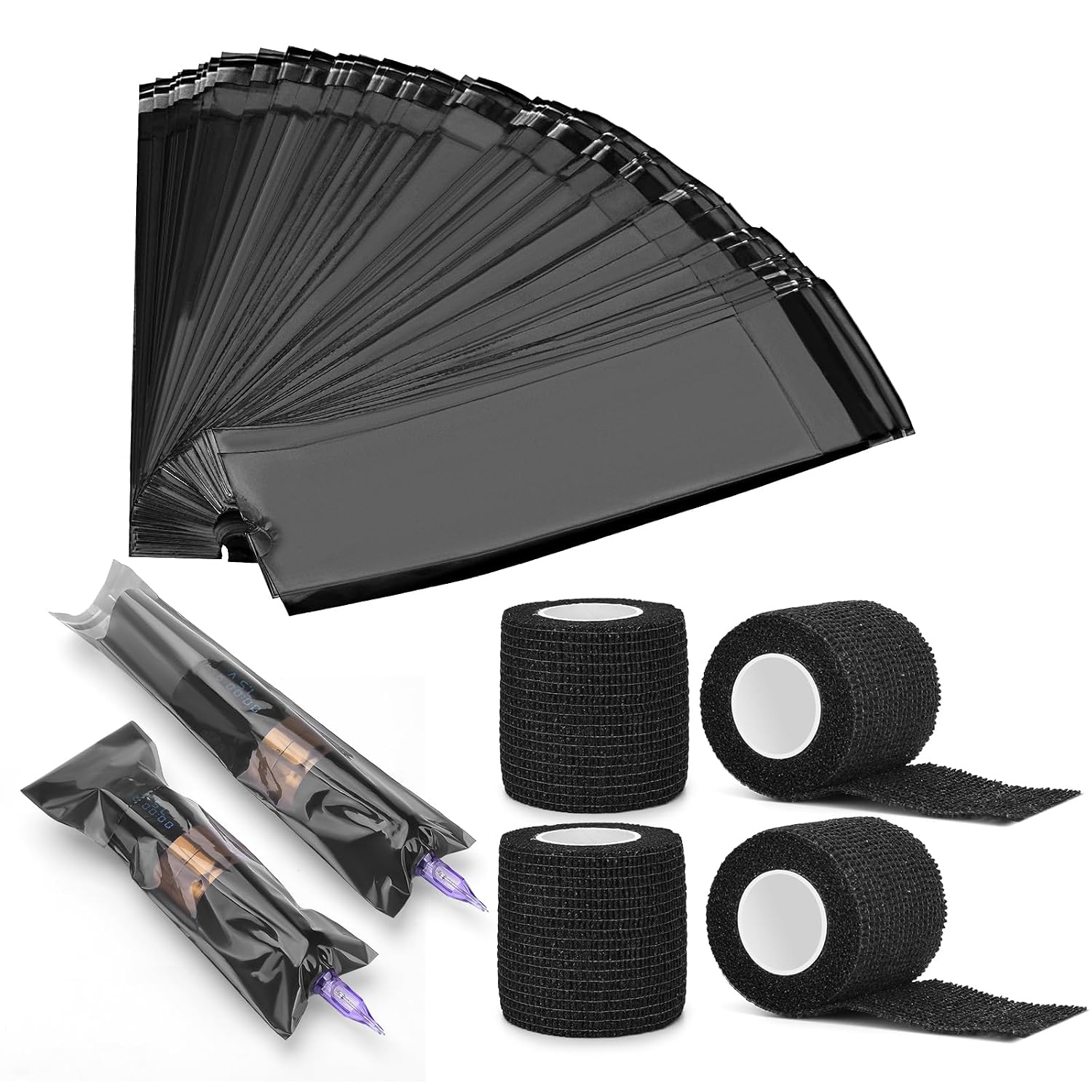 100pcs Tattoo Pen Covers, Sealable Pen Sleeves, with 4pcs Tattoo Grip Wraps Self-Adhesiive Tapes, Extral Large