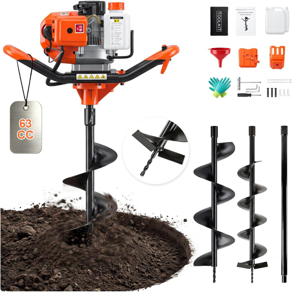 63CC 2 Stroke Earth Auger Post Hole Digger Gas Powered with 6"/8" Bit & Ext | 62" Max Digging Depth | 2 Auger Drill