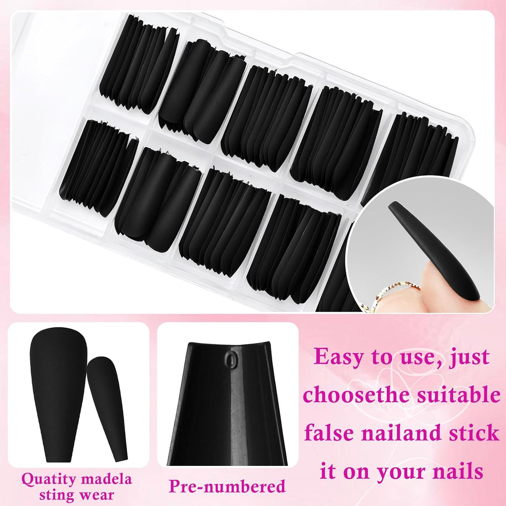 120pc Black Press on Nails Long Fake Nails-Coffin Glue on Nails Press ons