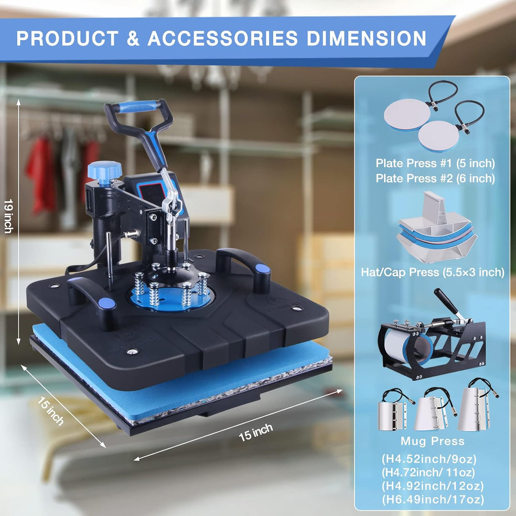 Upgraded 8 in 1 Heat Press Machine 15x15 Inch Heat Transfer Machine 360-Degree Swing Away Multifunction Digital