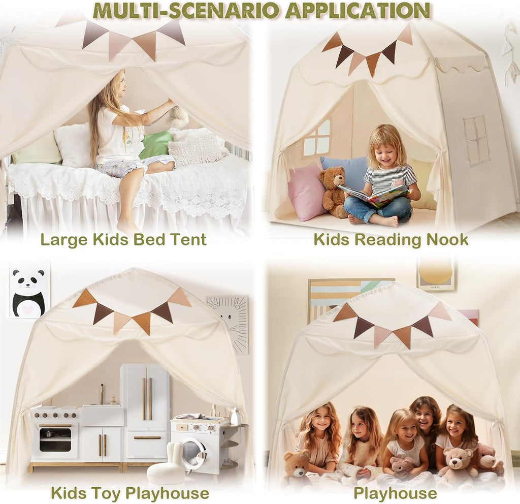 Extra Large Kids Play Tent with Flags & Star Lights, Portable & Foldable Teepee Tents, Dome Tent Playhouse for Indoor
