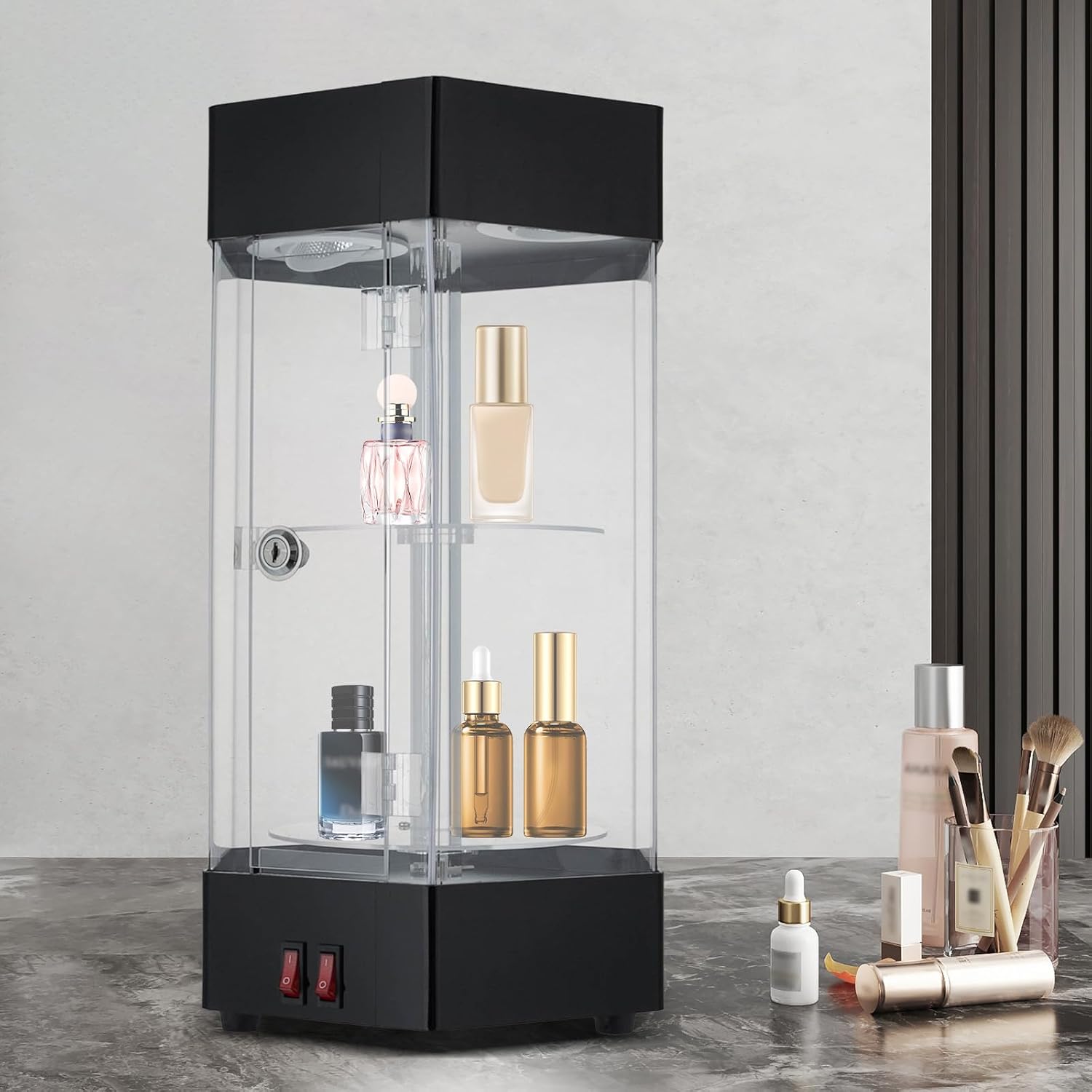 LED Display Case with 360° Rotation, 2-Tier Lockable Acrylic Showcase, Electric Rotating Hexagonal Clear Cabinet for