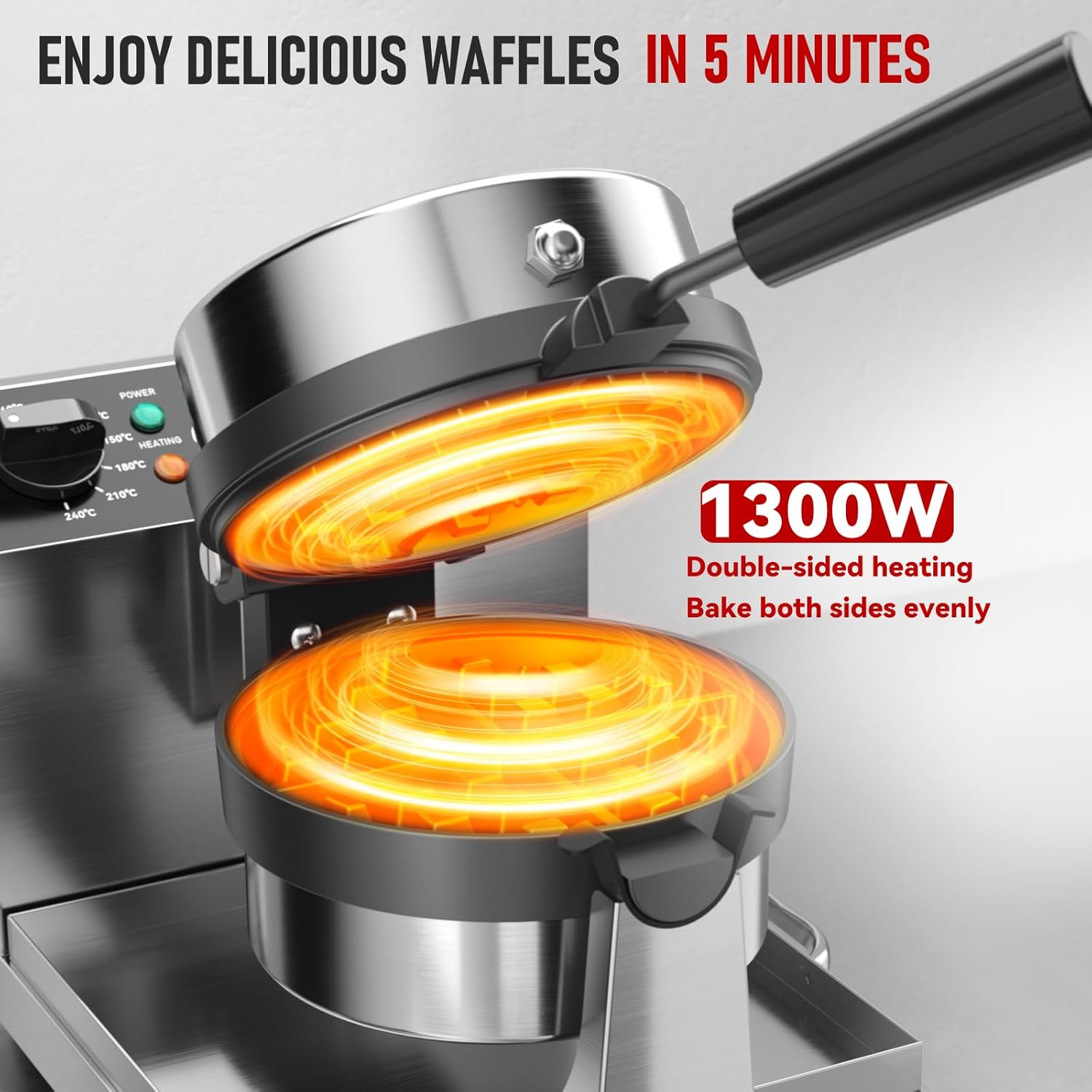 Commercial Waffle Maker,Professional Round Belgian Waffle Maker Rotating 180° Non-Stick Plate Machine with Temp and
