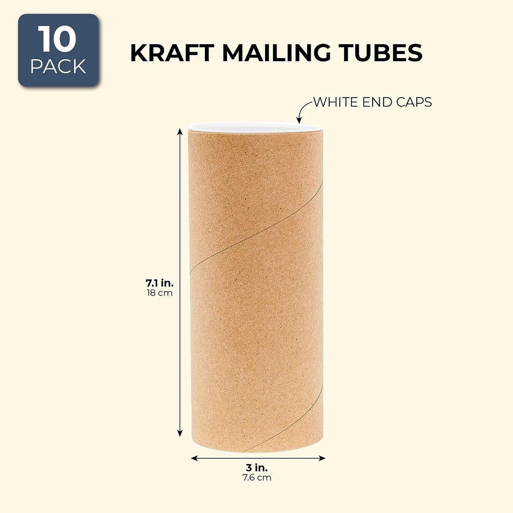 10-Pack Mailing Tubes & Caps - 3 x 7 in Brown Mailer - Durable 3-Ply Spiral Round Cardboard Cylinder for Crafts &