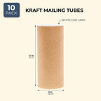 10-Pack Mailing Tubes & Caps - 3 x 7 in Brown Mailer - Durable 3-Ply Spiral Round Cardboard Cylinder for Crafts &